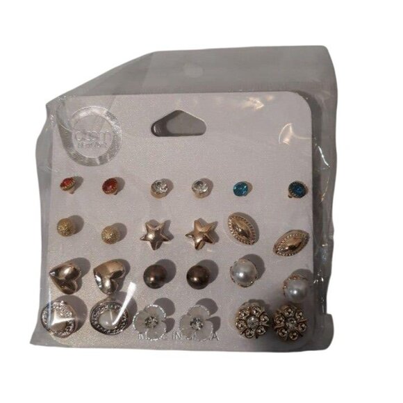 Bloom New York Womens 12 Pairs Assorted Stud Earrings Gold Pearl & Crystal Set - Picture 3 of 3